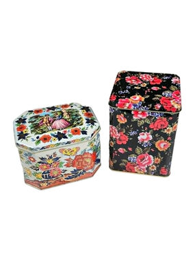 Vintage Floral Tin Lot Daher England Octagon Victorian Couple Black Chintz Rose